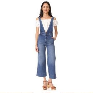 Free People A Line Denim Cropped Wide Leg Overalls